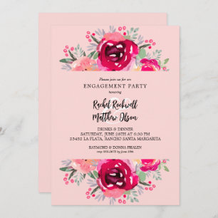 Chic Pink Floral Engagement Party Kaart