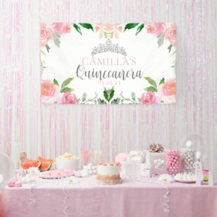 Chic Pink Floral Quinceañera Silver Tiara Party Spandoek