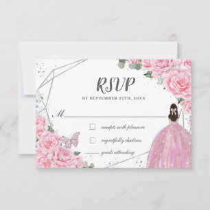 Chic Pink Floral Rozen Silver Quinceañera Princess RSVP Kaartje