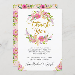 Chic Pink Floral Script Baby shower Hartelijk dank Kaart