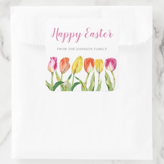 Chic Pink Floral Tulips Happy Pasen Vierkante Sticker (Tas)