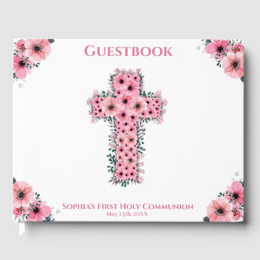 Chic Pink Flower Cross First Heilige Communistisch Gastenboek (Voorkant)
