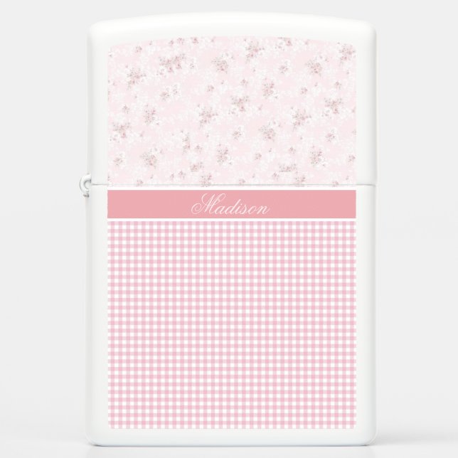 Chic Pink Gingham Check and Rozen Monogrammed (Voorkant)