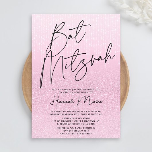 Chic Pink Glitter Bat Mitzvah Kaart