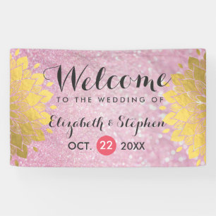 Chic Pink Glitter en Gold Floral Wedding Banner