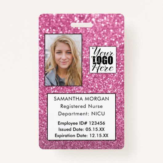 Chic Pink Glitter Foto Logo Employee ID Badge (Voorkant)
