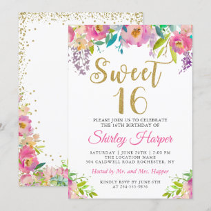 Chic Pink Gold Floral Sweet Sixteen 16 verjaardag Kaart