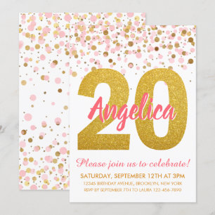 Chic Pink Gold Glitter Confetti Meisje 20e Verjaar Kaart