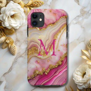 Chic Pink Gold Glitter Marmeren Agaat Monogram iPhone 11 Hoesje