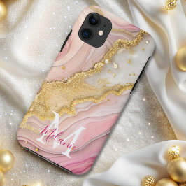 Chic Pink Gold Glitter Marmeren Agaat Monogram iPhone 11 Hoesje
