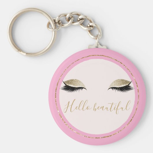 Chic Pink Gold Glitzy Black Eyelashes Sleutelhanger (Voorkant)