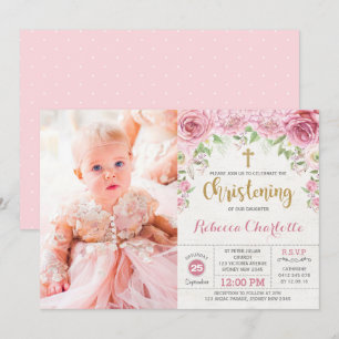 Chic Pink Gold Waterverf Floral Rozen Christening Kaart