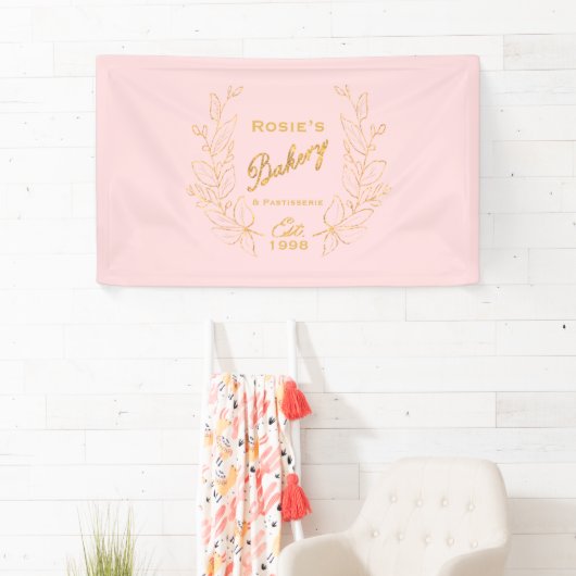 Chic Pink Gold Wreate Bakery Script Logo Spandoek (Insitu)
