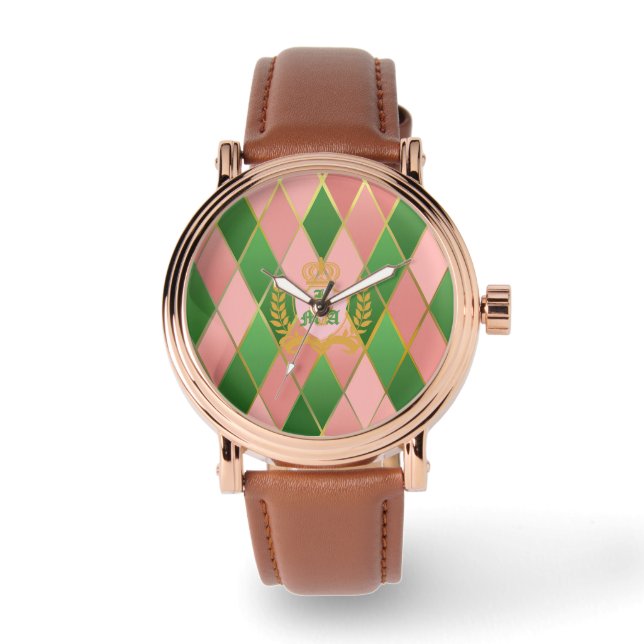Chic Pink Green Argyle Monogrammed  Horloge (Voorkant)