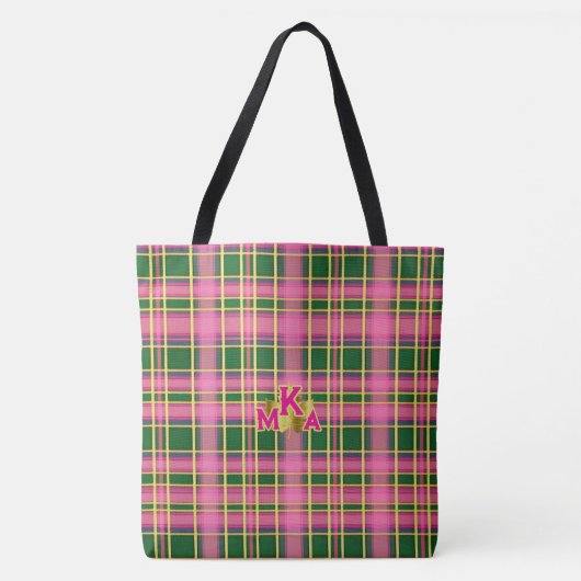 Chic Pink & Green Plaid Tote Bag with Monogram (Devant)