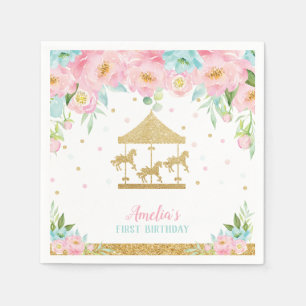 Chic Pink Mint Floral Carousel Birthday Party Servet