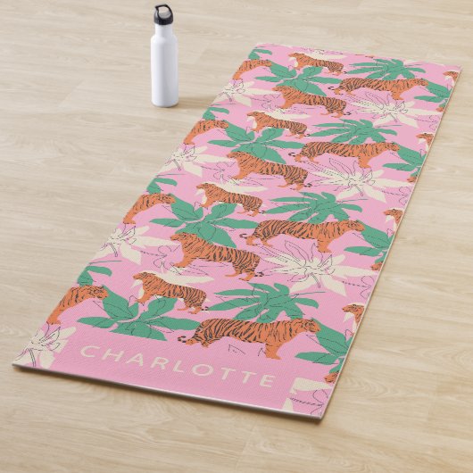 Chic Pink Orange Tiger Jungle Personalized Name Yogamat (In situ)