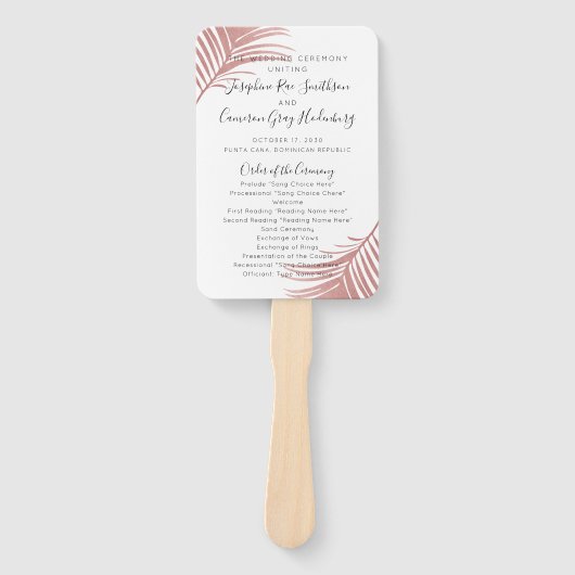 Chic Pink Palm Leaves Beach Wedding Program Fan Handwaaier (Voorkant)