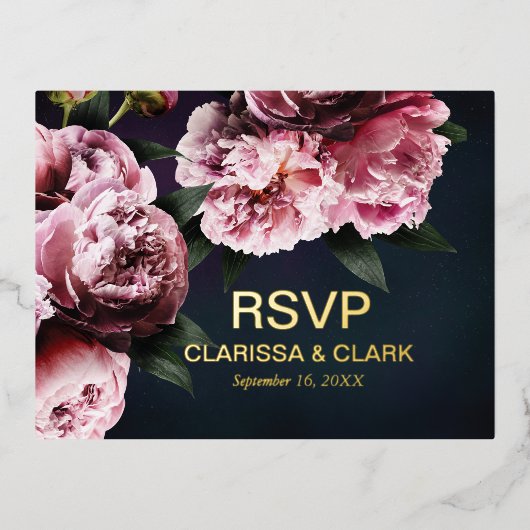 Chic Pink Peonies Foil RSVP Mariage carte postale (Recto)