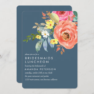 Chic Pink Peony Bridesmaids Luncheon Blue Wedding Kaart
