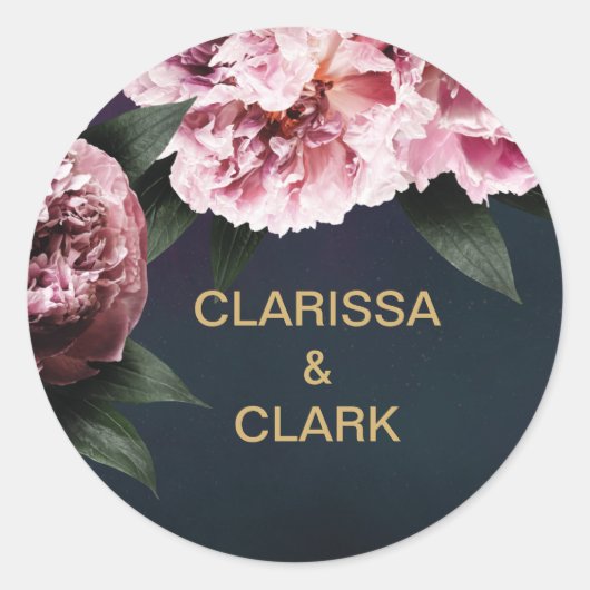 Chic Pink Peony Couples Names Wedding Envelope Ronde Sticker (Voorkant)