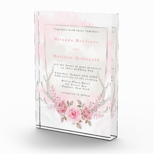 Chic Pink Peony Deer Antlers Weddenschap Uitnodigi Fotoblokken (Rechts)