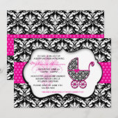 Chic Pink Polka Dot Damask Baby shower Invite Kaart (Voorkant / Achterkant)
