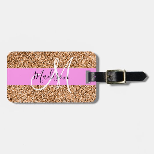 Chic Pink & Pumpkin Glitter Sparkles Monogram Bagagelabel (Voorkant horizontaal)