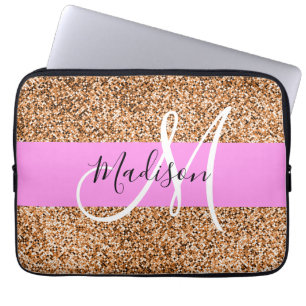 Chic Pink & Pumpkin Glitter Sparkles Monogram Laptop Sleeve
