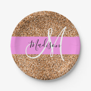 Chic Pink & Pumpkin Glitter Sparkles Monogram Papieren Bordje