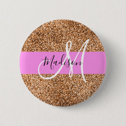 Chic Pink & Pumpkin Glitter Sparkles Monogram Ronde Button 5,7 Cm (Voorkant)