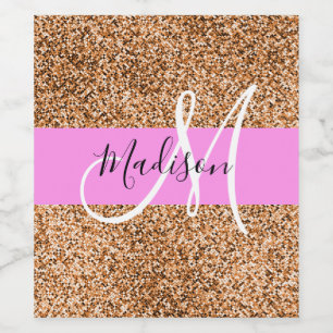 Chic Pink & Pumpkin Glitter Sparkles Monogram Wijn Etiket