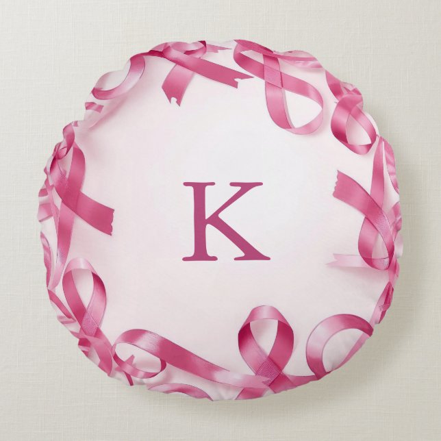 Chic Pink Ribbon Awareness Lijst Monogrammed Rond Kussen (Voorkant)