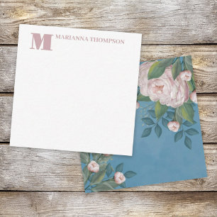 Chic Pink Roos Floral Elegant Flower Blue Notitiekaartje