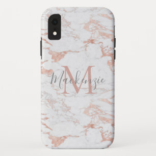 Chic Pink Rose Gold Foil Marble Monogram iPhone XR Hoesje