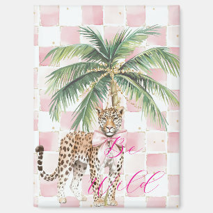 Chic Pink Squares Gouden Palm Tree Leopard Magneet