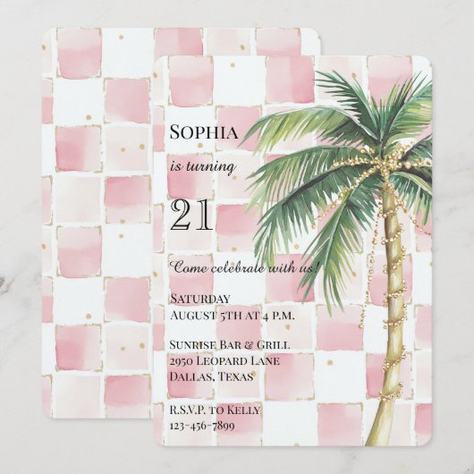 Chic Pink Squares Gouden Palm Tree verjaardag Kaart (Voorkant / Achterkant)