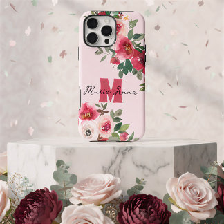 Chic Pink Watercolor Burgundy Floral Custom Name iPhone 16 Pro Max Hoesje