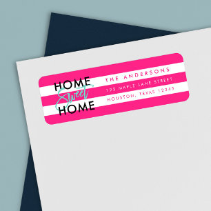 Chic Pink & White Stripes Black Home Sweet Home Etiket