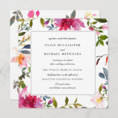 Chic Pink Wildflower Square Wedding Kaart (Voorkant / Achterkant)