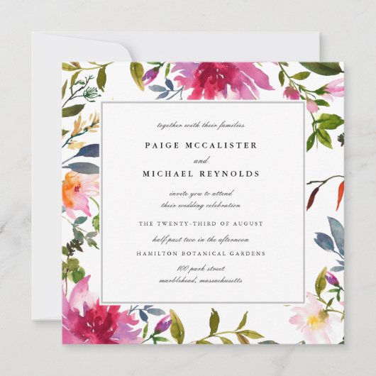 Chic Pink Wildflower Square Wedding Kaart (Voorkant)