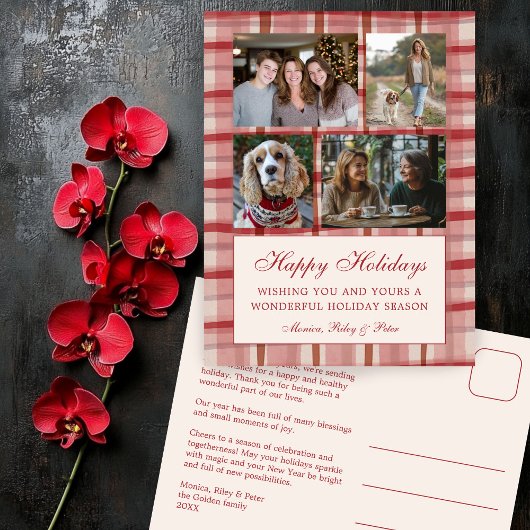 Chic Plaid Kerst Custom 4 Foto Collage Rood Feestdagenkaart