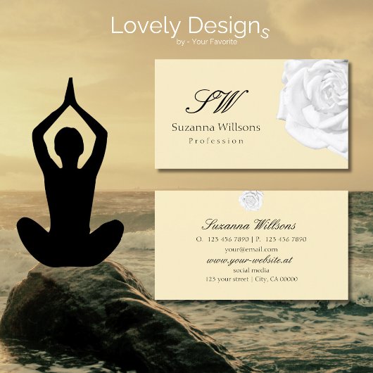 Chic Plain Peach Beige White Rose met Initialen Visitekaartje