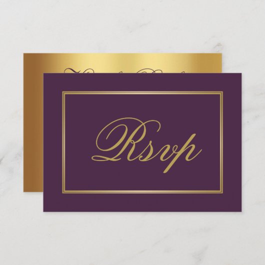 Chic Plum Paars Gold Script Calligraphy Wedding RSVP Kaartje (Voorkant / Achterkant)