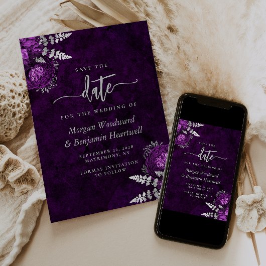Chic Plum Silver Floral Wedding Save the Date Kaart