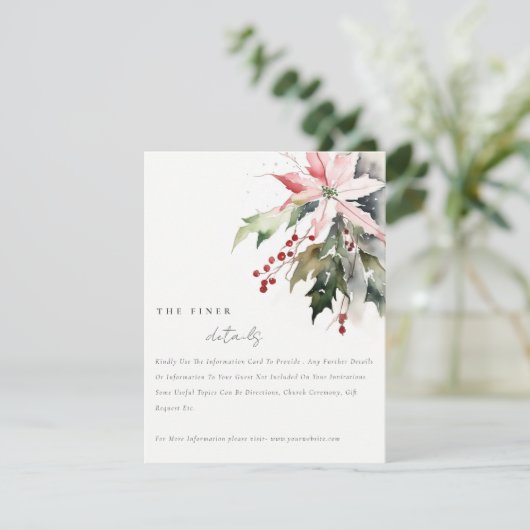Chic Poinsettia bessen gebladerte bruiloft details Informatiekaartje (Staand voorkant)