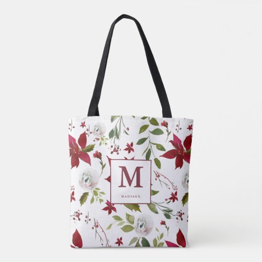 Chic Poinsettia Floral Monogram met voornaam Draagtas (Achterkant)