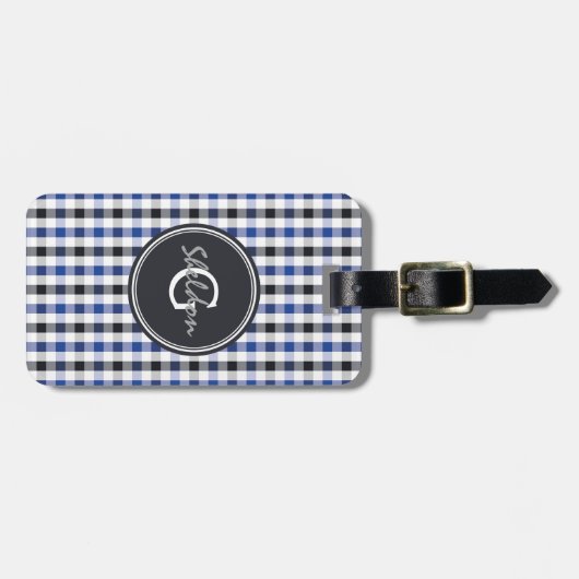 chic preppy blue zwarte gingham patroon monogram bagagelabel (Voorkant horizontaal)