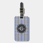 chic preppy blue zwarte gingham patroon monogram bagagelabel (Voorkant verticaal)