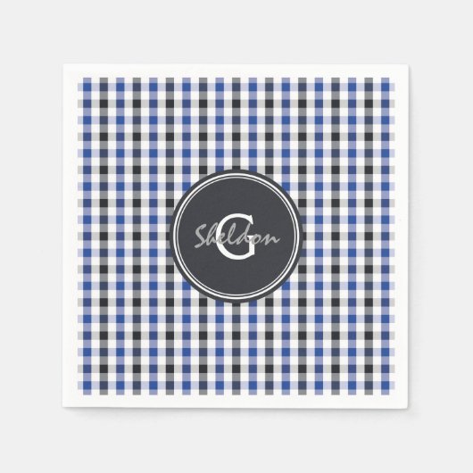 chic preppy blue zwarte gingham patroon monogram servetten (Voorkant)